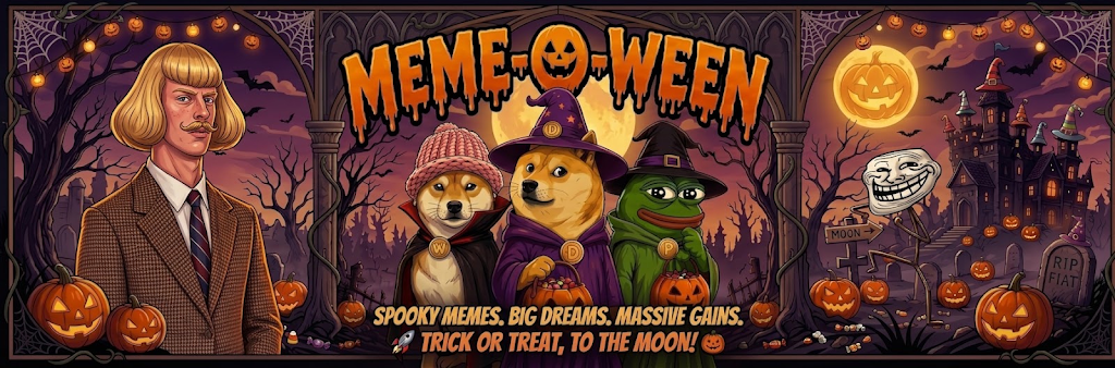 MEME-O-WEEN banner: spooky memes, big dreams, massive gains. Trick or treat, to the moon!